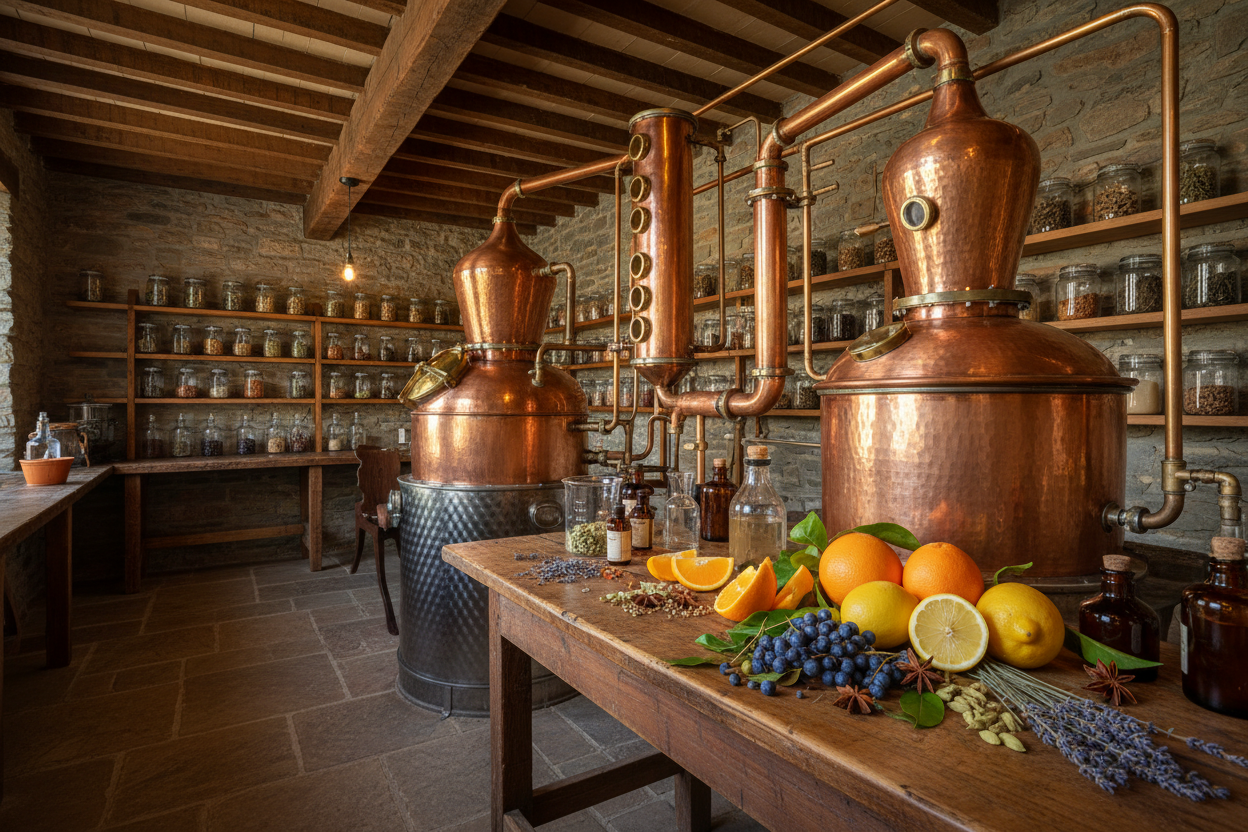fülle das bild komplett aus nur bedenke dass auf der linken seite ein text steht. ich benötige eine gin destillerie ohne leute, es können gerne ein paar orangen, zitronen, wacholder usw auf dem tisch liegen 